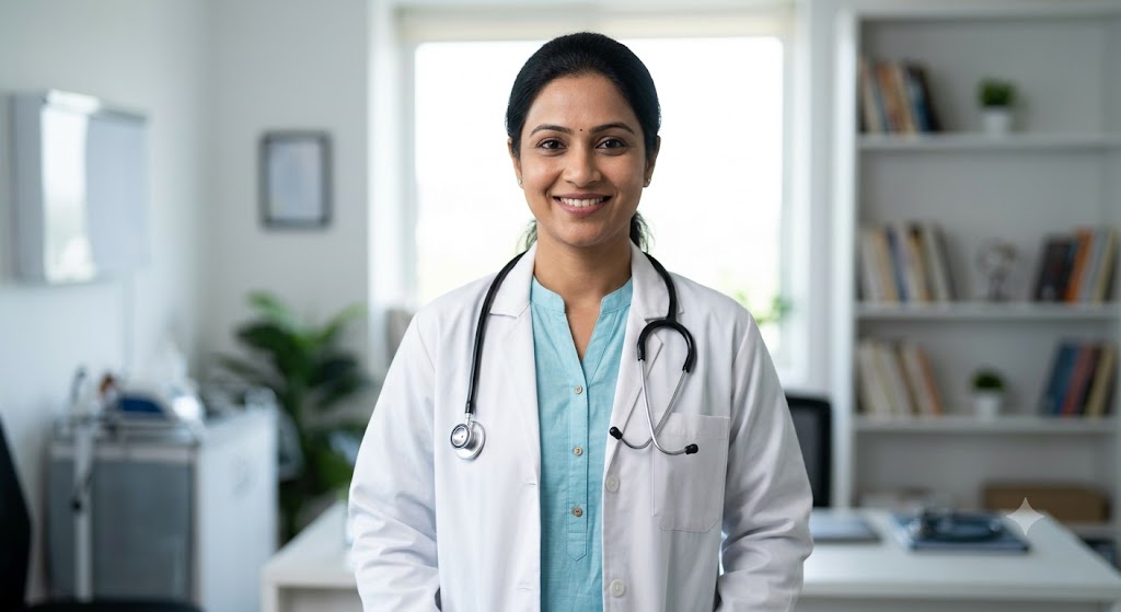 A smiling Indian woman doctor in a white coat with a stethoscope